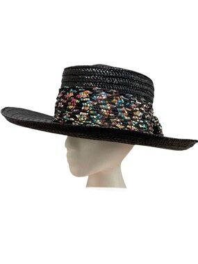 Miriam Lefcourt Woven Fashion Hat Metallic Multicolor Band Bow Handcrafted Italy
